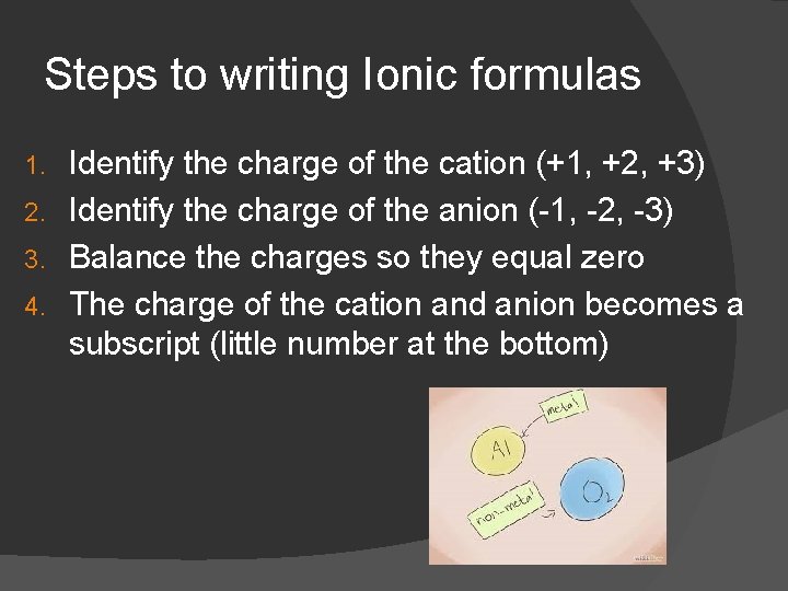 Steps to writing Ionic formulas Identify the charge of the cation (+1, +2, +3)