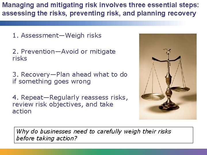 Managing and mitigating risk involves three essential steps: assessing the risks, preventing risk, and