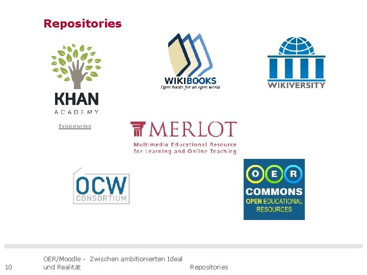 Repositories Beispielsvideo 10 OER/Moodle - Zwischen ambitionierten Ideal und Realität Repositories 