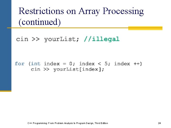 Restrictions on Array Processing (continued) C++ Programming: From Problem Analysis to Program Design, Third Restrictions on Array Processing (continued) C++ Programming: From Problem Analysis to Program Design, Third