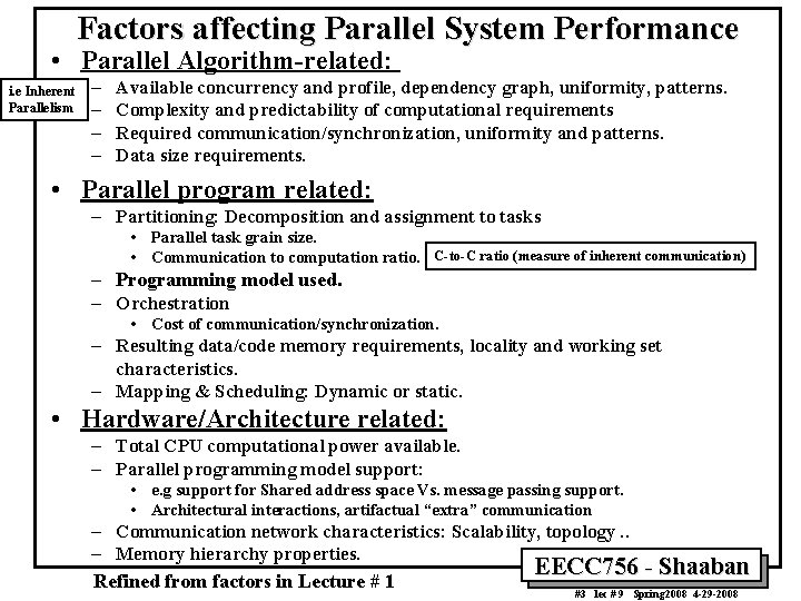 Factors affecting Parallel System Performance • Parallel Algorithm-related: i. e Inherent Parallelism – –