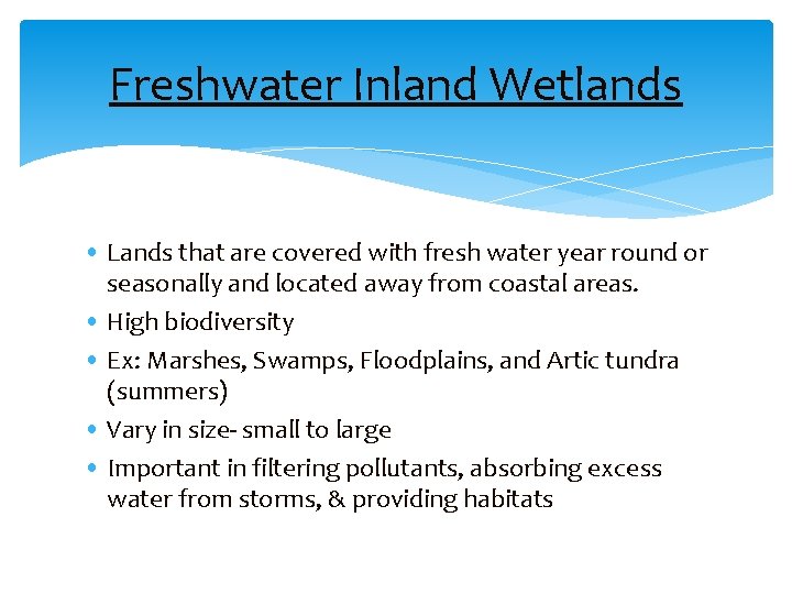 Freshwater Inland Wetlands • Lands that are covered with fresh water year round or