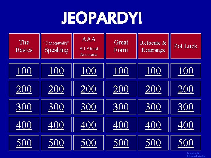 JEOPARDY! The Basics “Conceptually” AAA Great Form Relocate & Rearrange Pot Luck Speaking All