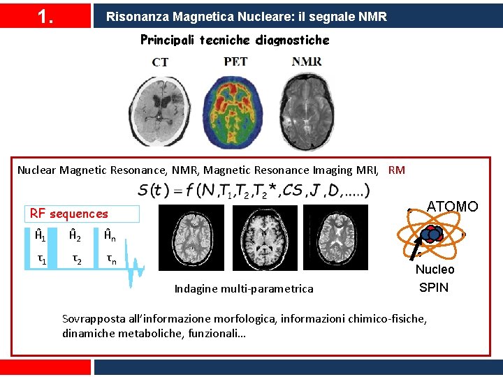 1. Risonanza Magnetica Nucleare: il segnale NMR Principali tecniche diagnostiche Computer Tomography, CT, TAC