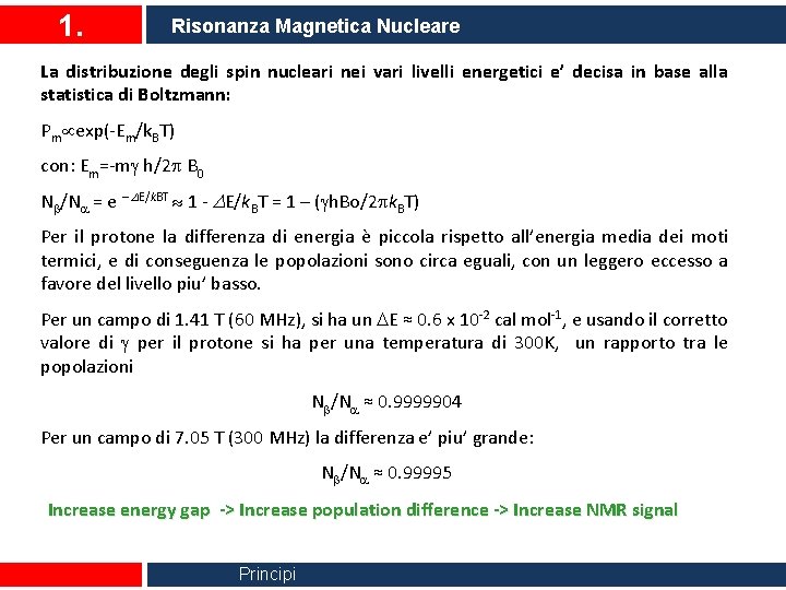 1. Risonanza Magnetica Nucleare La distribuzione degli spin nucleari nei vari livelli energetici e’