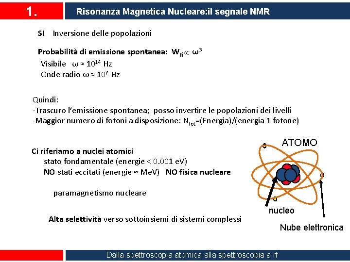 1. Risonanza Magnetica Nucleare: il segnale NMR SI Inversione delle popolazioni Probabilità di emissione