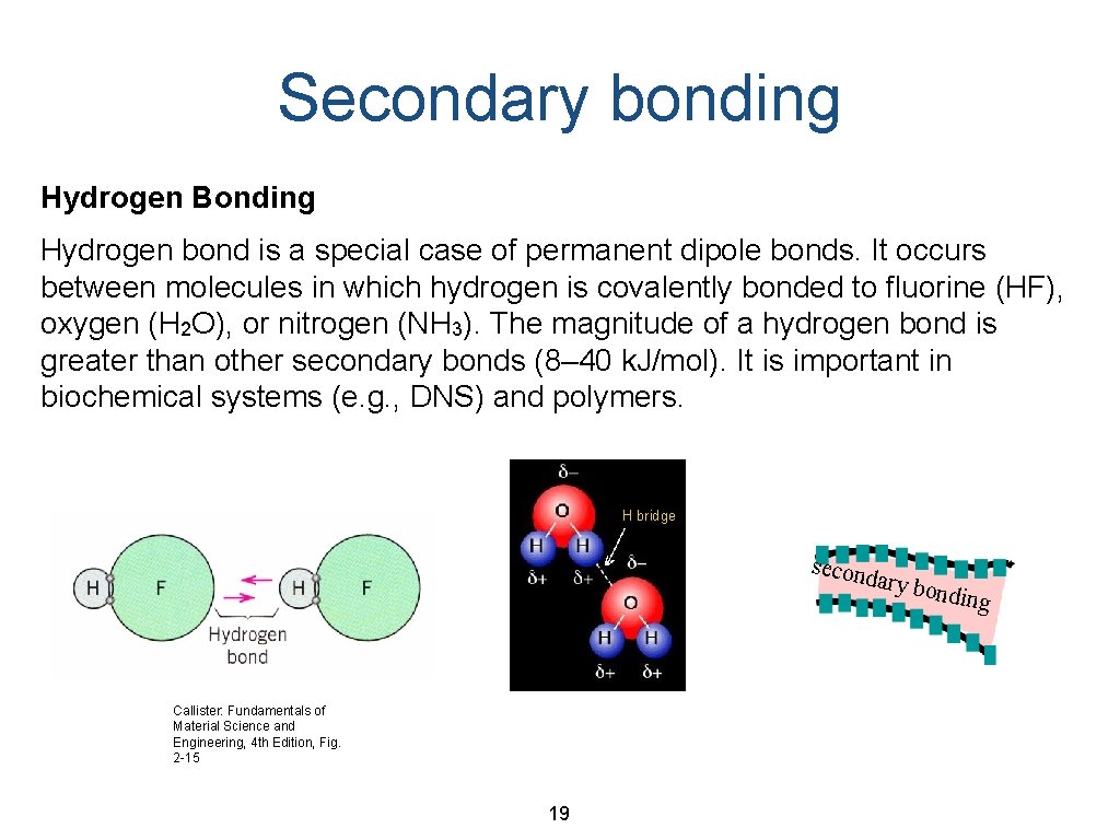 Secondary bonding Hydrogen Bonding Hydrogen bond is a special case of permanent dipole bonds.