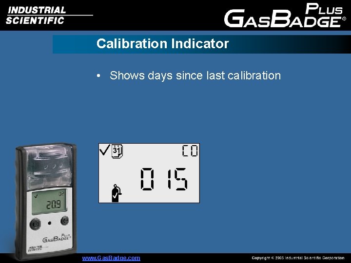 Calibration Indicator • Shows days since last calibration www. Gas. Badge. com 