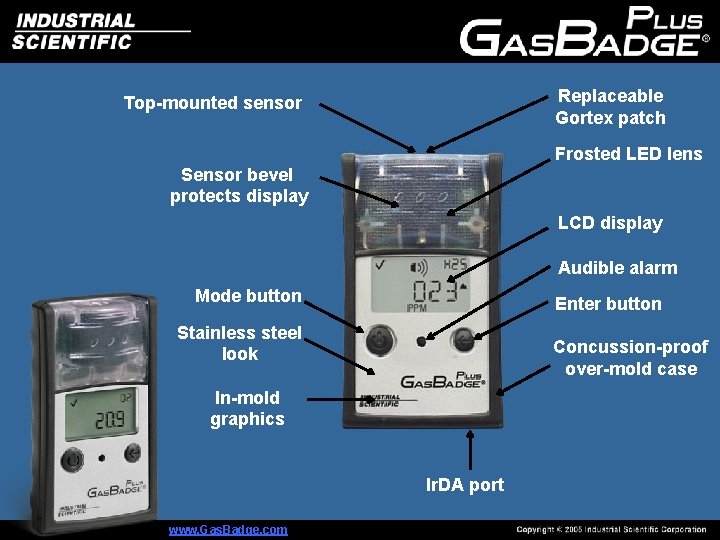 Replaceable Gortex patch Top-mounted sensor Frosted LED lens Sensor bevel protects display LCD display