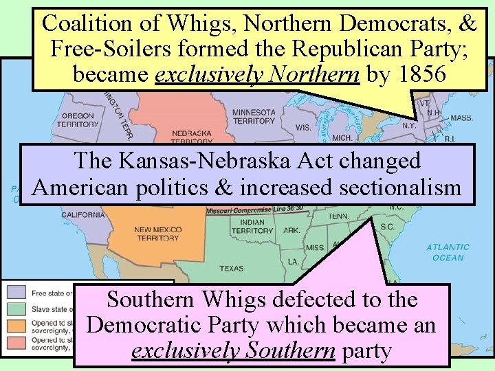 Coalition of Whigs, Northern Democrats, The Kansas-Nebraska Act of 1854 & Free-Soilers formed the