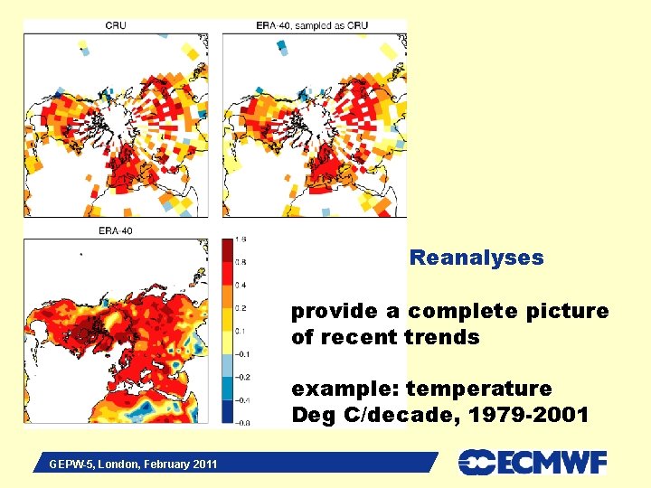 Reanalyses provide a complete picture of recent trends example: temperature Slide 6 Deg C/decade,