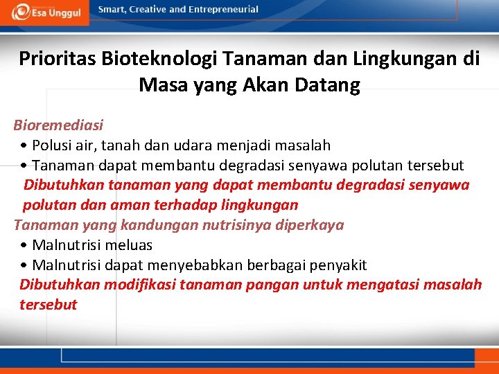 Prioritas Bioteknologi Tanaman dan Lingkungan di Masa yang Akan Datang Bioremediasi • Polusi air,