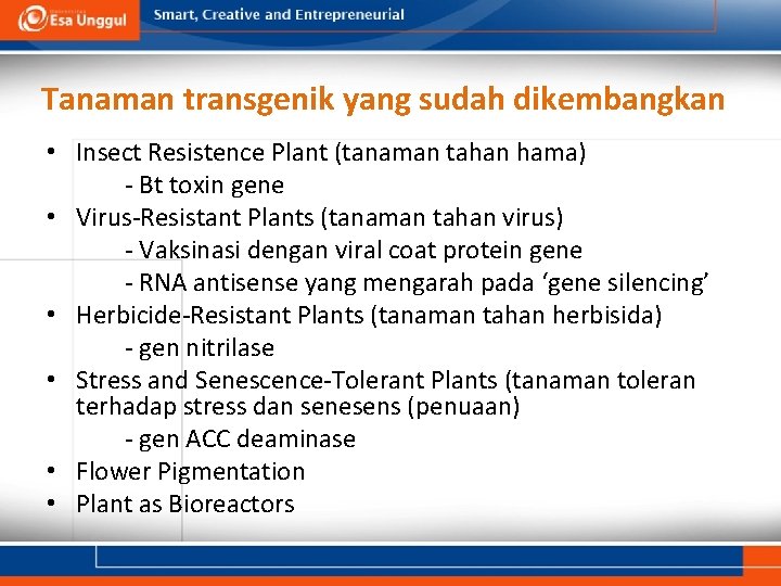 Tanaman transgenik yang sudah dikembangkan • Insect Resistence Plant (tanaman tahan hama) - Bt