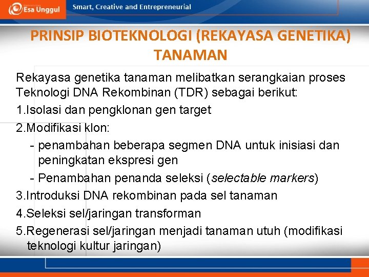 PRINSIP BIOTEKNOLOGI (REKAYASA GENETIKA) TANAMAN Rekayasa genetika tanaman melibatkan serangkaian proses Teknologi DNA Rekombinan