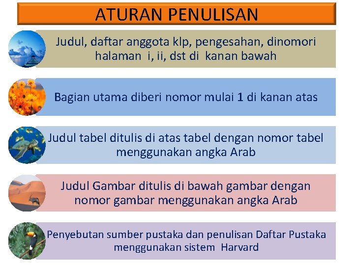 ATURAN PENULISAN Judul, daftar anggota klp, pengesahan, dinomori halaman i, ii, dst di kanan