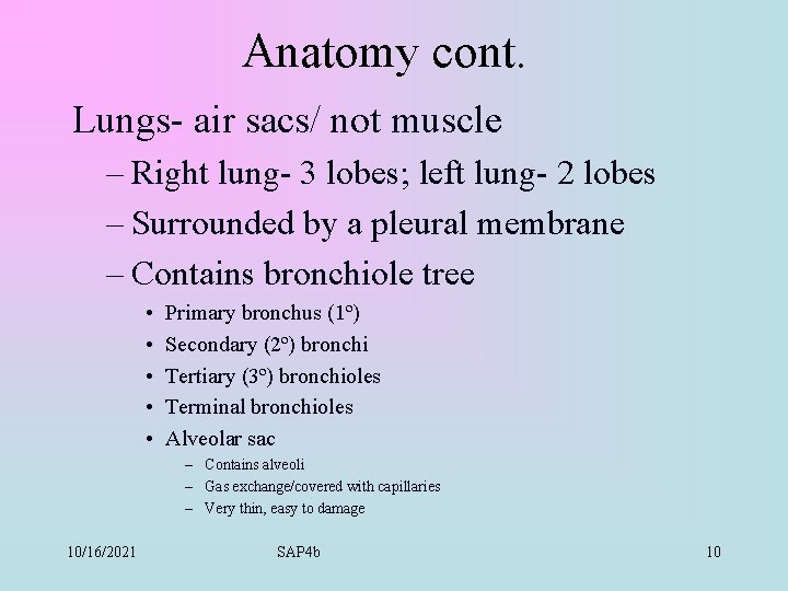 Anatomy cont. Lungs- air sacs/ not muscle – Right lung- 3 lobes; left lung-