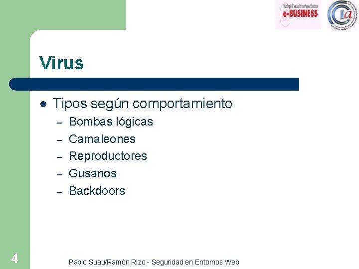 Virus l Tipos según comportamiento – – – 4 Bombas lógicas Camaleones Reproductores Gusanos