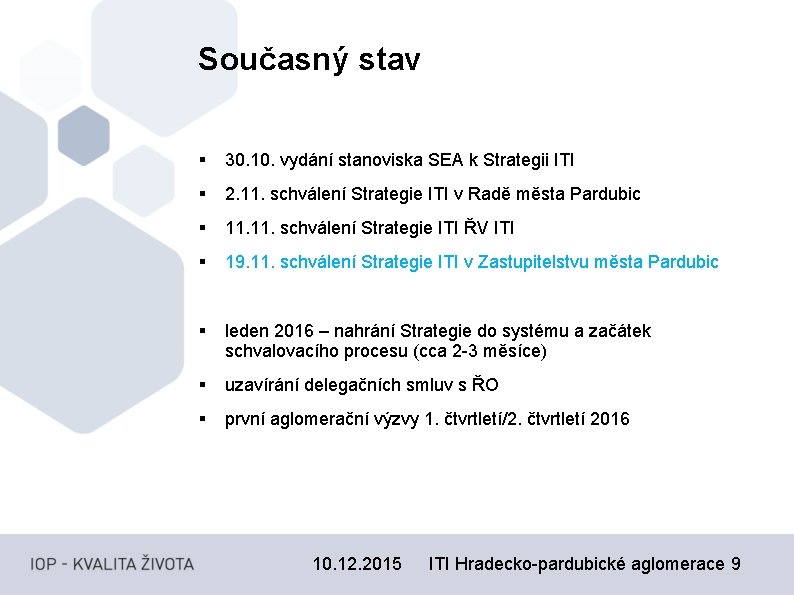 Současný stav § 30. 10. vydání stanoviska SEA k Strategii ITI § 2. 11.