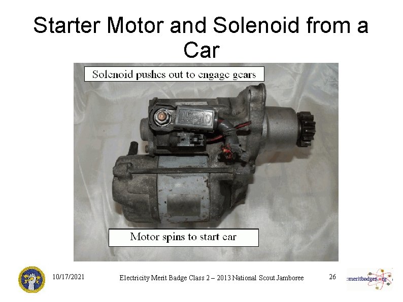 Starter Motor and Solenoid from a Car 10/17/2021 Electricity Merit Badge Class 2 –