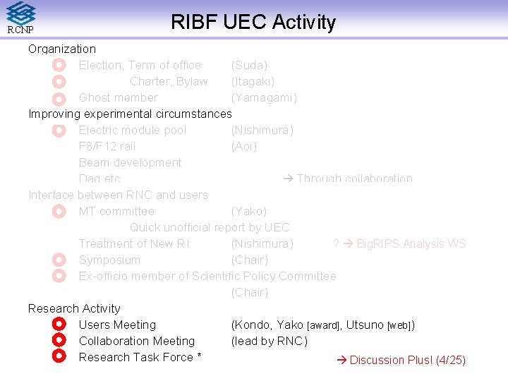 RCNP RIBF UEC Activity Organization Election, Term of office (Suda) Charter, Bylaw (Itagaki) Ghost