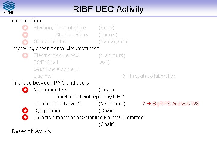 RCNP RIBF UEC Activity Organization Election, Term of office (Suda) Charter, Bylaw (Itagaki) Ghost