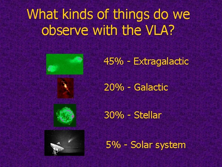 What kinds of things do we observe with the VLA? 45% - Extragalactic 20%