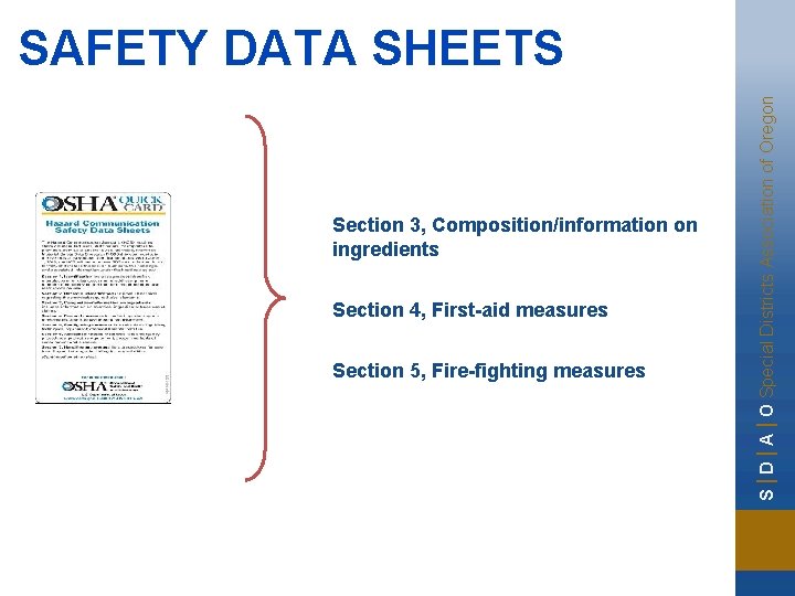 Section 3, Composition/information on ingredients Section 4, First-aid measures Section 5, Fire-fighting measures S