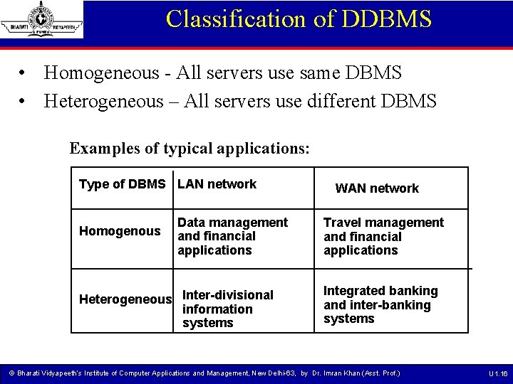 Classification of DDBMS • Homogeneous - All servers use same DBMS • Heterogeneous –