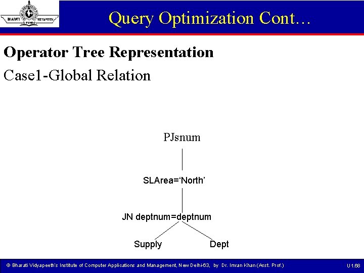 Query Optimization Cont… Operator Tree Representation Case 1 -Global Relation PJsnum SLArea=‘North’ JN deptnum=deptnum
