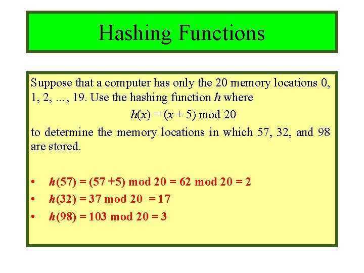 Module #9 – Number Theory Hashing Functions Suppose that a computer has only the