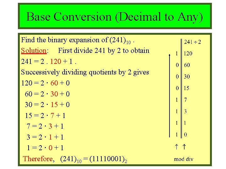 Module #9 – Number Theory Base Conversion (Decimal to Any) Find the binary expansion