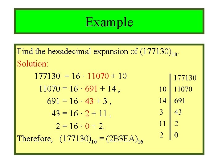 Module #9 – Number Theory Example Find the hexadecimal expansion of (177130)10. Solution: 177130