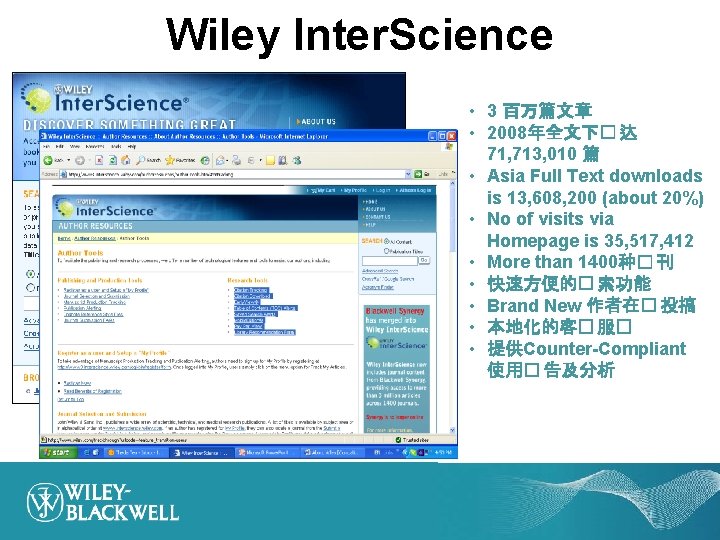 Wiley Inter. Science • 3 百万篇文章 • 2008年全文下� 达 71, 713, 010 篇 •