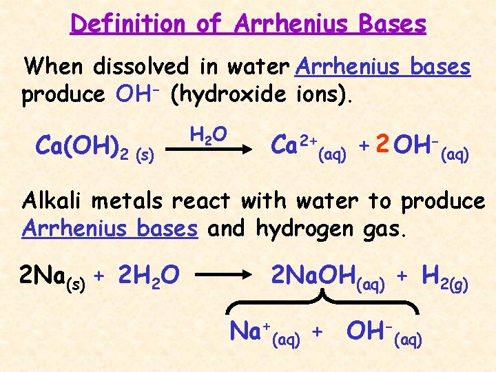 Definition of Arrhenius Bases When dissolved in water Arrhenius bases produce OH- (hydroxide ions).