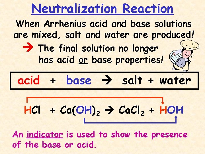 Neutralization Reaction When Arrhenius acid and base solutions are mixed, salt and water are