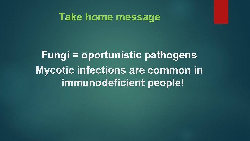 Take home message Fungi = oportunistic pathogens Mycotic infections are common in immunodeficient people!