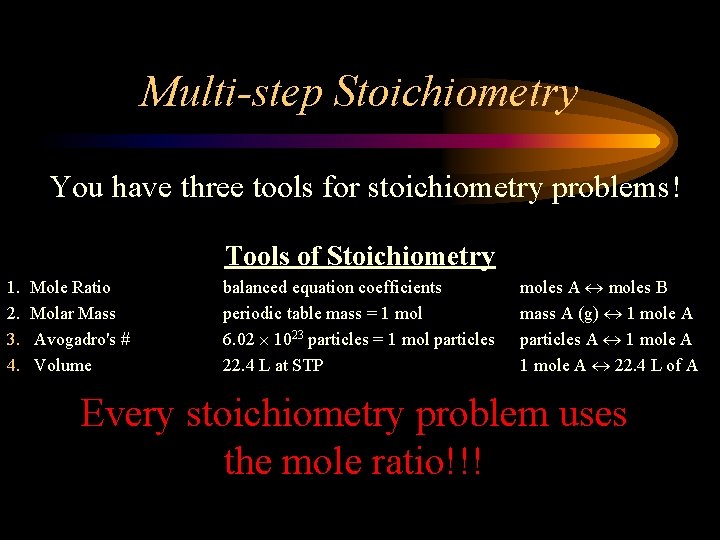 Multi-step Stoichiometry You have three tools for stoichiometry problems! Tools of Stoichiometry 1. 2.
