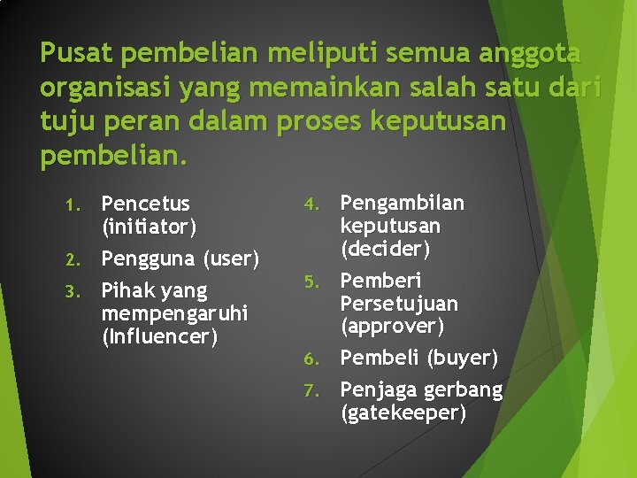 Pusat pembelian meliputi semua anggota organisasi yang memainkan salah satu dari tuju peran dalam Pusat pembelian meliputi semua anggota organisasi yang memainkan salah satu dari tuju peran dalam