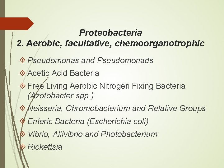 Proteobacteria 2. Aerobic, facultative, chemoorganotrophic Pseudomonas and Pseudomonads Acetic Acid Bacteria Free Living Aerobic