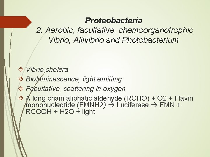 Proteobacteria 2. Aerobic, facultative, chemoorganotrophic Vibrio, Aliivibrio and Photobacterium Vibrio cholera Bioluminescence, light emitting