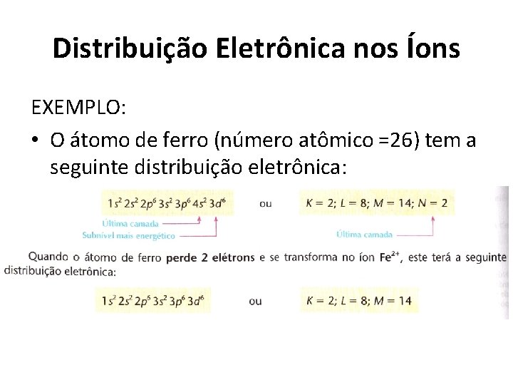 Distribuição Eletrônica nos Íons EXEMPLO: • O átomo de ferro (número atômico =26) tem