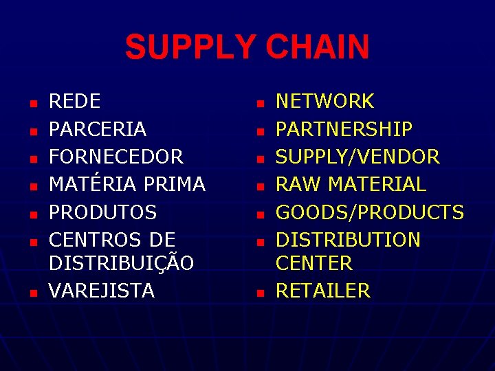 SUPPLY CHAIN n n n n REDE PARCERIA FORNECEDOR MATÉRIA PRIMA PRODUTOS CENTROS DE