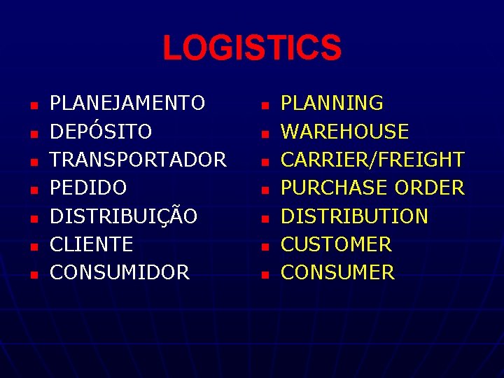 LOGISTICS n n n n PLANEJAMENTO DEPÓSITO TRANSPORTADOR PEDIDO DISTRIBUIÇÃO CLIENTE CONSUMIDOR n n