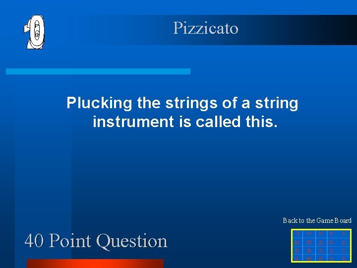 Pizzicato Plucking the strings of a string instrument is called this. Back to the