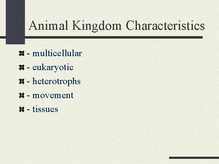 Animal Kingdom Characteristics - multicellular - eukaryotic - heterotrophs - movement - tissues 