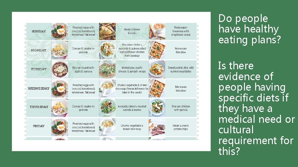 Do people have healthy eating plans? Is there evidence of people having specific diets