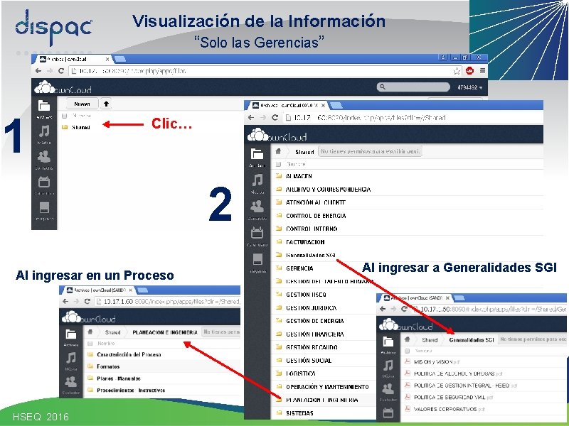 Visualización de la Información “Solo las Gerencias” 1 Clic… 2 Al ingresar en un