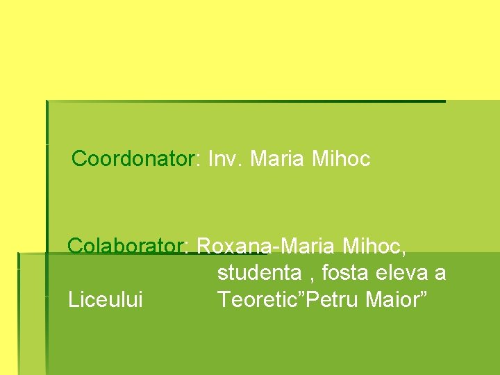 Coordonator: Inv. Maria Mihoc Colaborator: Roxana-Maria Mihoc, studenta , fosta eleva a Liceului Teoretic”Petru