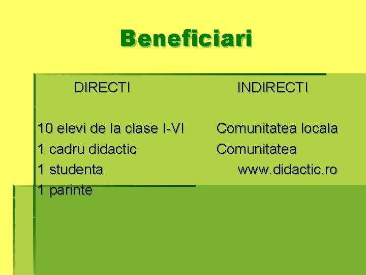Beneficiari DIRECTI 10 elevi de la clase I-VI 1 cadru didactic 1 studenta 1