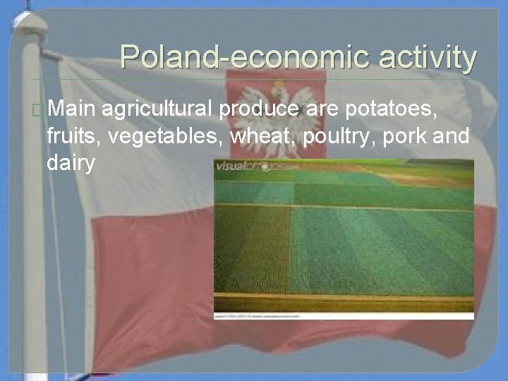 Poland-economic activity �Main agricultural produce are potatoes, fruits, vegetables, wheat, poultry, pork and dairy